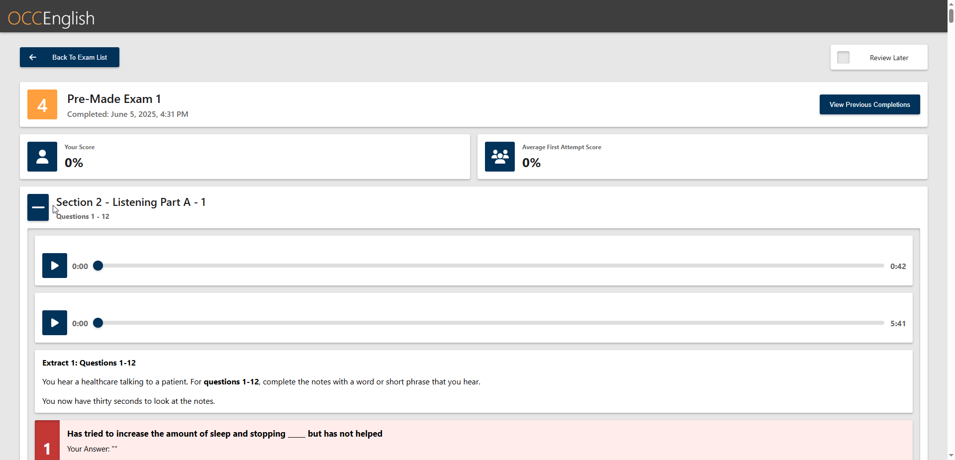 Feedback after exam completion - OET Occupation English Test OccEnglish screenshot